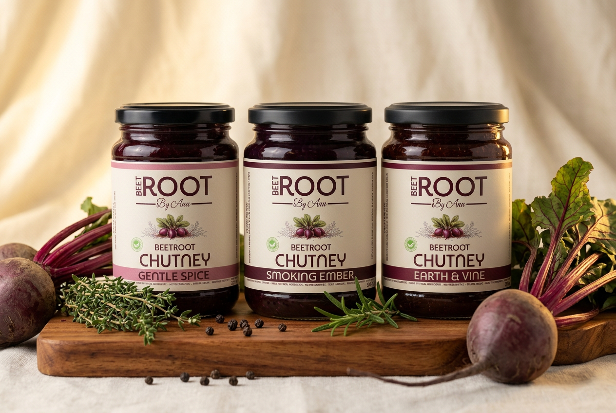 BeetRoot By Ann beetroot chutney range on a Kiaat wooden board